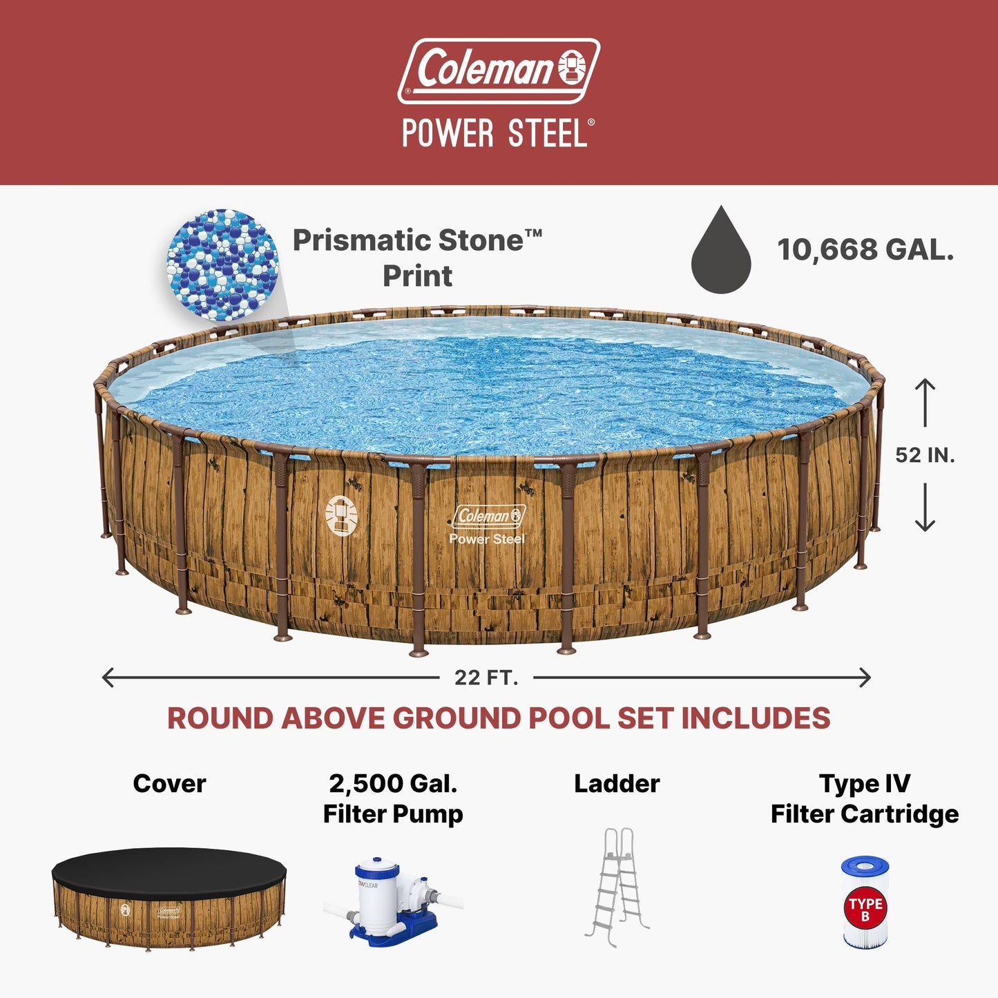 Coleman Power Steel 22 Ft Round Above Ground Pool Set - Durable Corrosion Resistant Steel Frame