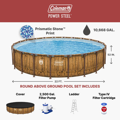Coleman Power Steel 22 Ft Round Above Ground Pool Set - Durable Corrosion Resistant Steel Frame