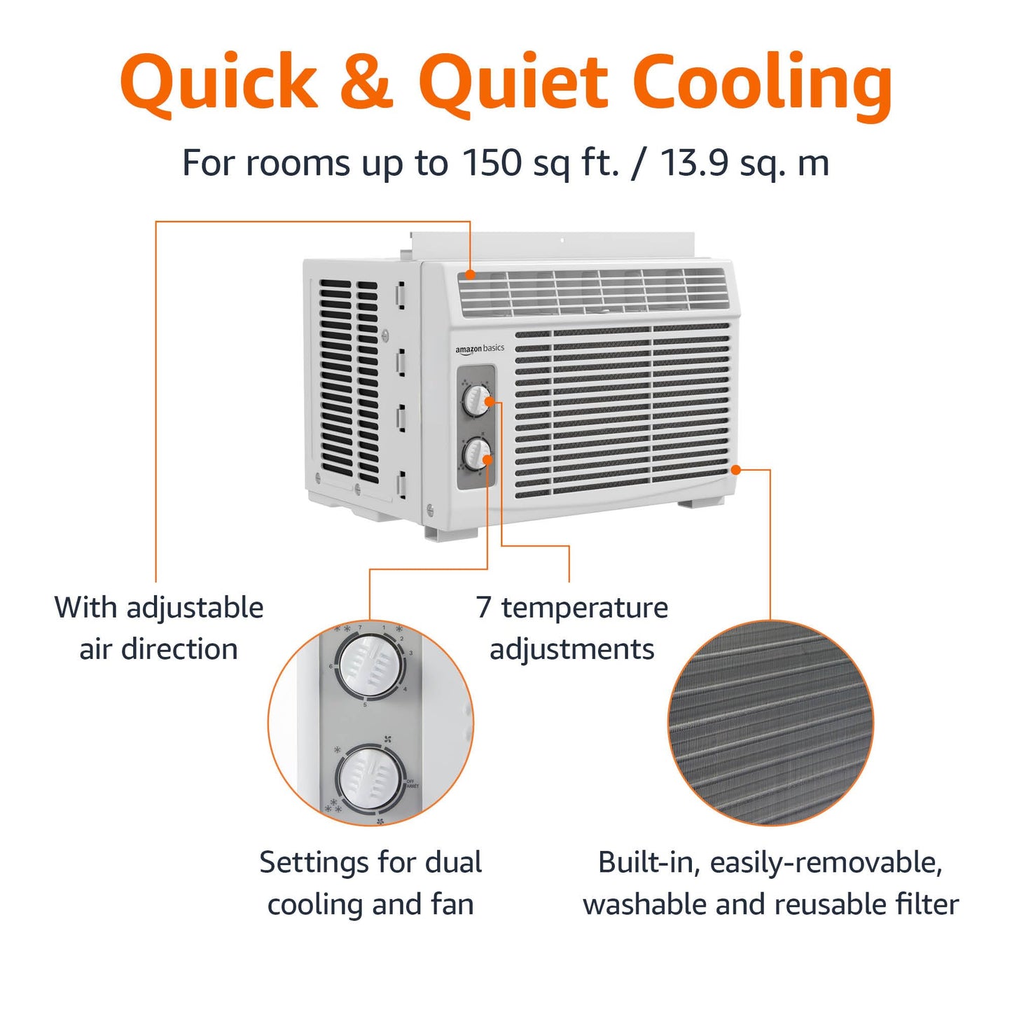 Amazon Basics 5000 BTU Window Air Conditioner - Quiet Operation For Small Rooms Up To 150 Sq Ft