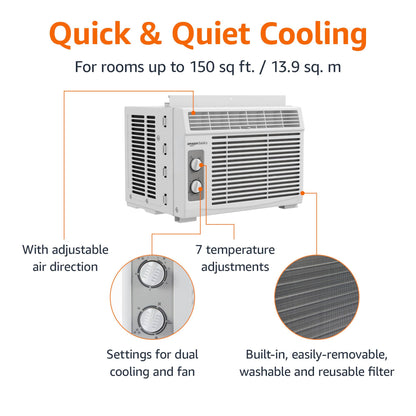 Amazon Basics 5000 BTU Window Air Conditioner - Quiet Operation For Small Rooms Up To 150 Sq Ft