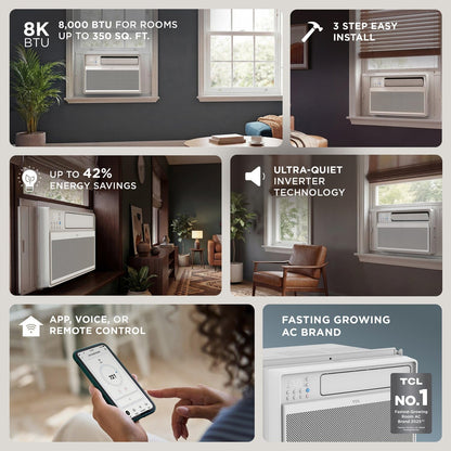 TCL 8,000 BTU Q Series Smart Inverter Window AC - Ultra Quiet 40 Decibel Works With Alexa And Google Assistant