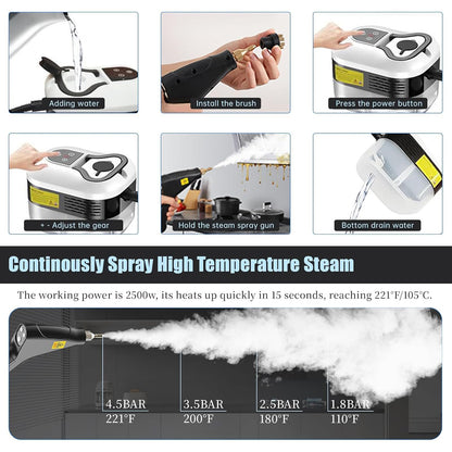 XUZIE Powerful 2500W Steam Cleaner Handheld - 15s Fast Heat Up, 6 Levels, Deep Cleaning for Floors, Kitchen, Bath, Car