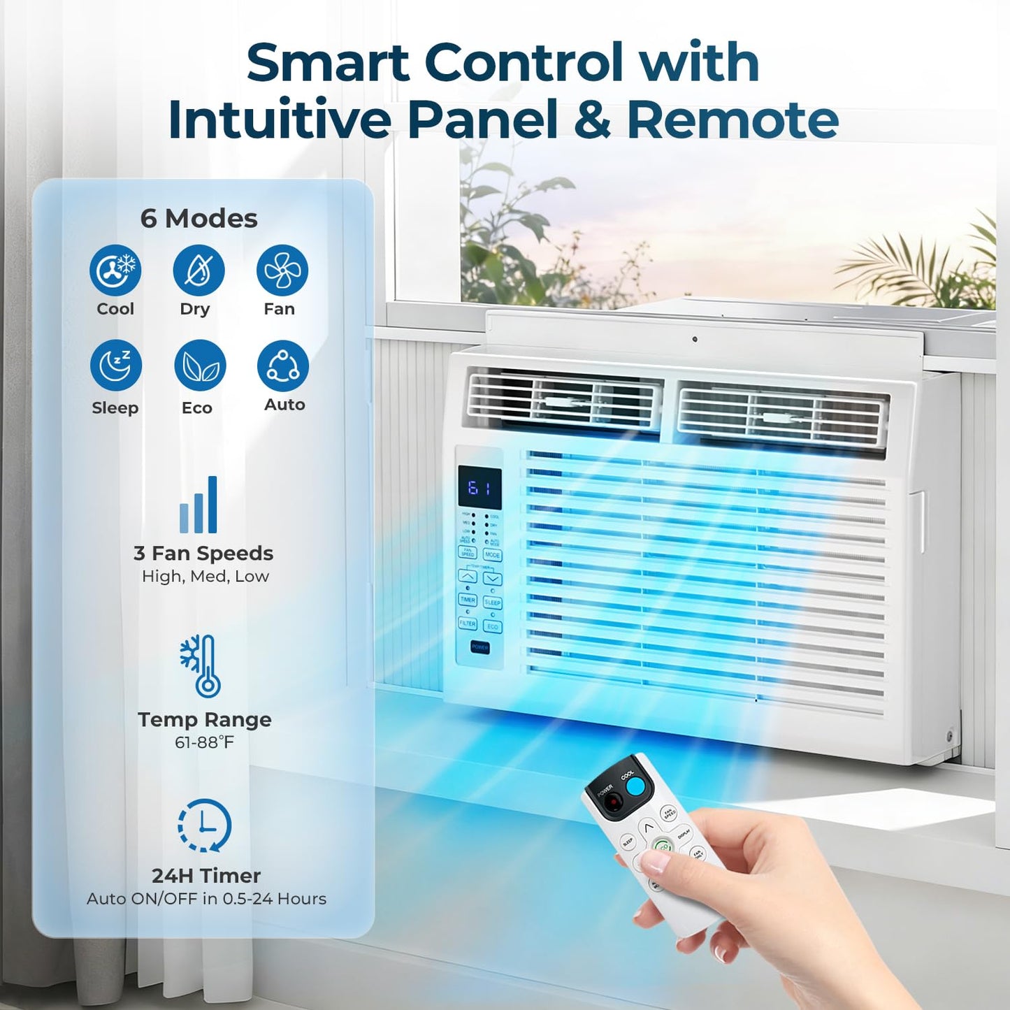 ZAFRO 6000 BTU Window AC 3 In 1 Dehumidifier For Bedroom Up To 250 Sq Ft Quiet Energy Saving With Remote - Fast Cooling