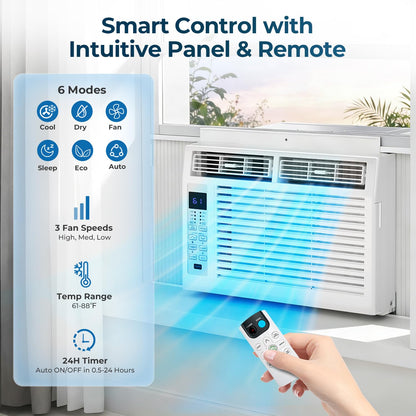 ZAFRO 6000 BTU Window AC 3 In 1 Dehumidifier For Bedroom Up To 250 Sq Ft Quiet Energy Saving With Remote - Fast Cooling