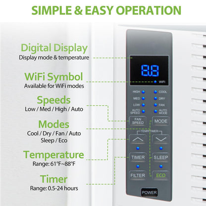 Hykolity 6000 BTU WiFi Window Air Conditioner - Smart Remote Energy Saving Easy Install Kit Cools Up To 250 Sq Ft