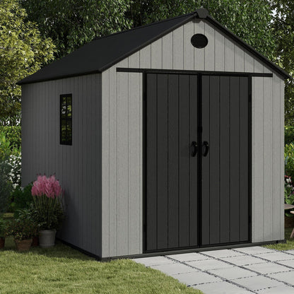 Pro Grade 6ft x 8ft Premium Plastic Double Door Garden Shed - Grey/Anthracite Wood Touch Texture
