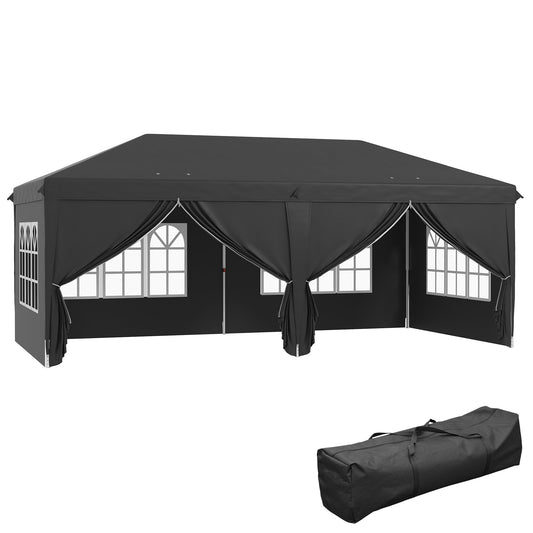 3 x 6m Garden Pop Up Gazebo, Wedding Party Tent with Sidewalls, Windows, Carry Bag, Black
