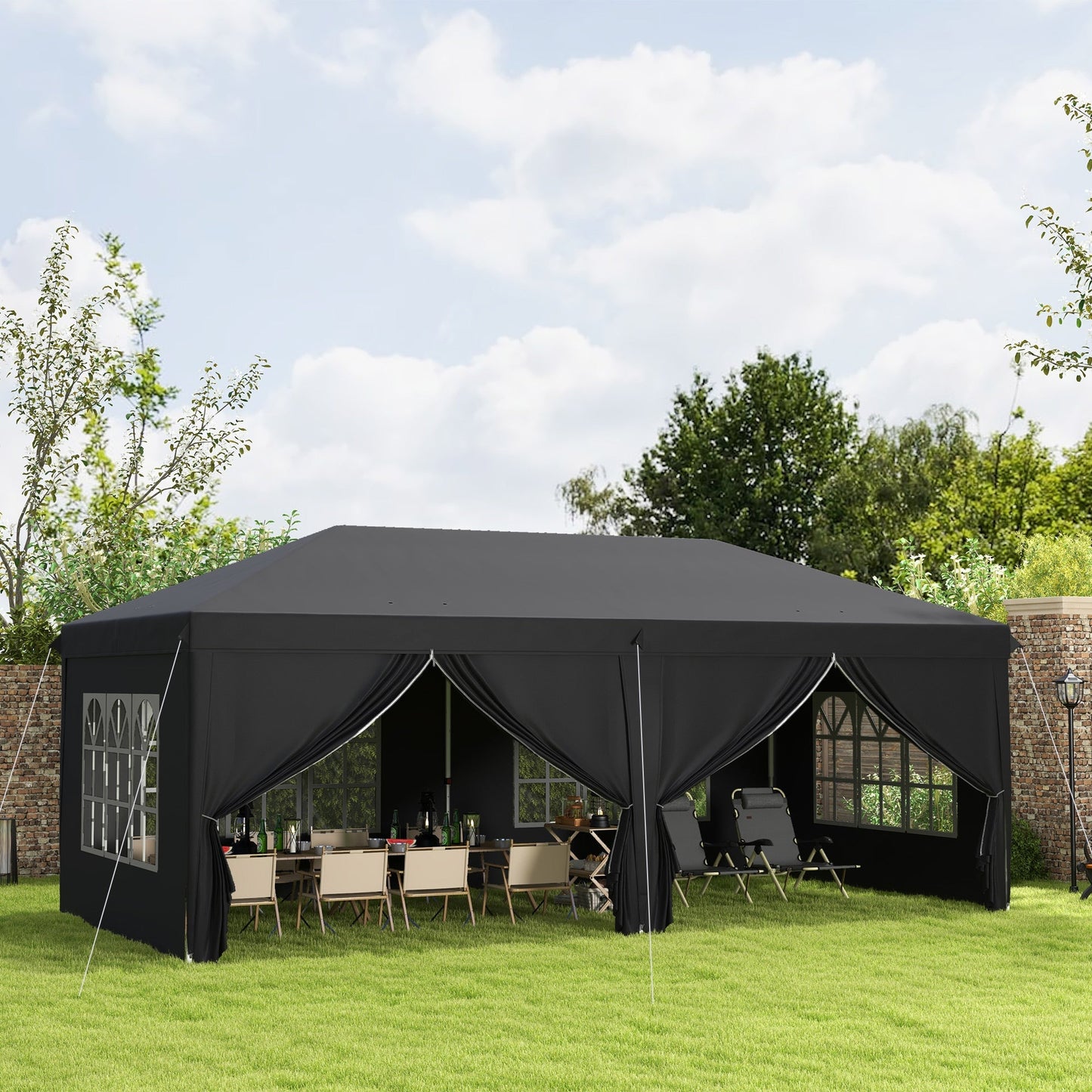 3 x 6m Garden Pop Up Gazebo, Wedding Party Tent with Sidewalls, Windows, Carry Bag, Black